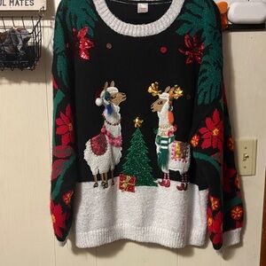 Holiday Time Llama Christmas Sweater - Black, White, Green, Red